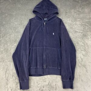 Vintage Polo Ralph Lauren Hoodie Mens XL Blue‎ Terry Cloth Crop Sweatshirt Y2k